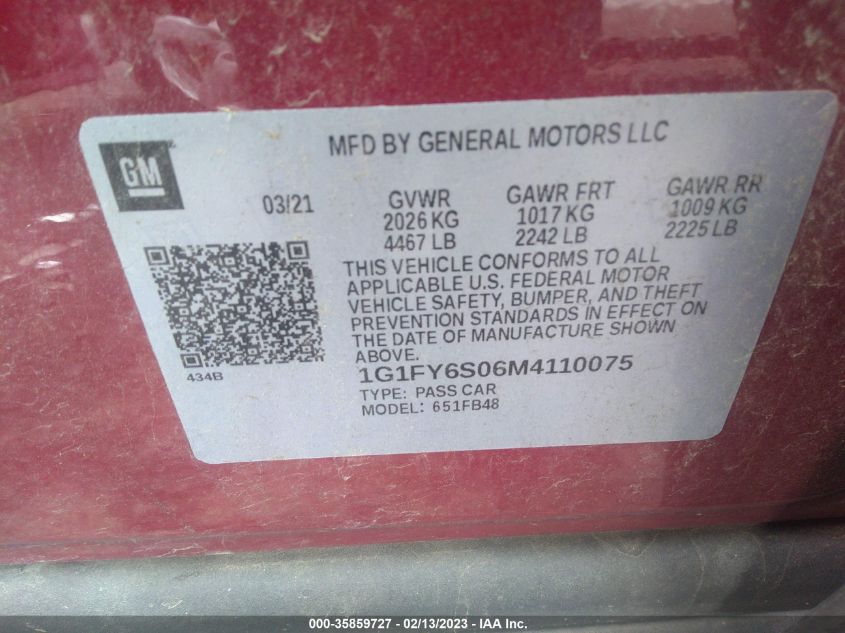 2021 CHEVROLET BOLT EV LT 1G1FY6S06M4110075