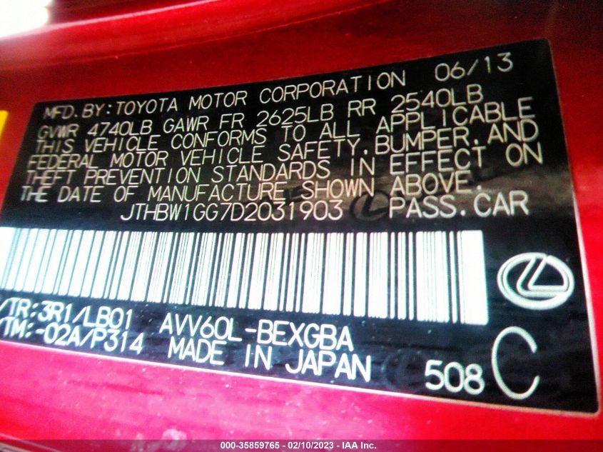 2013 LEXUS ES 300H HYBRID JTHBW1GG7D2031903