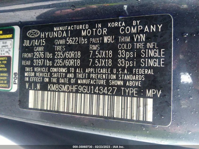 2016 HYUNDAI SANTA FE SE - KM8SMDHF9GU143427