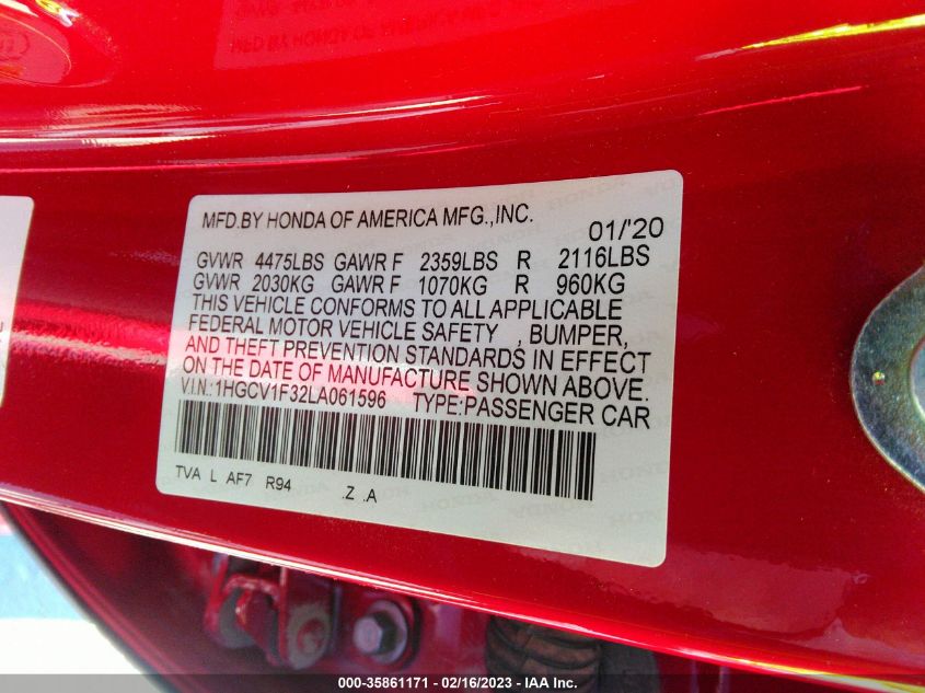 2020 HONDA ACCORD SEDAN SPORT - 1HGCV1F32LA061596
