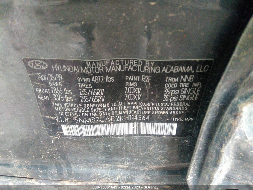 VIN 5NMS2CAD2KH114364 2019 HYUNDAI SANTA FE SE