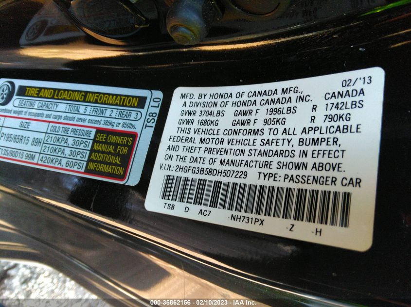 2013 HONDA CIVIC CPE LX 2HGFG3B58DH507229