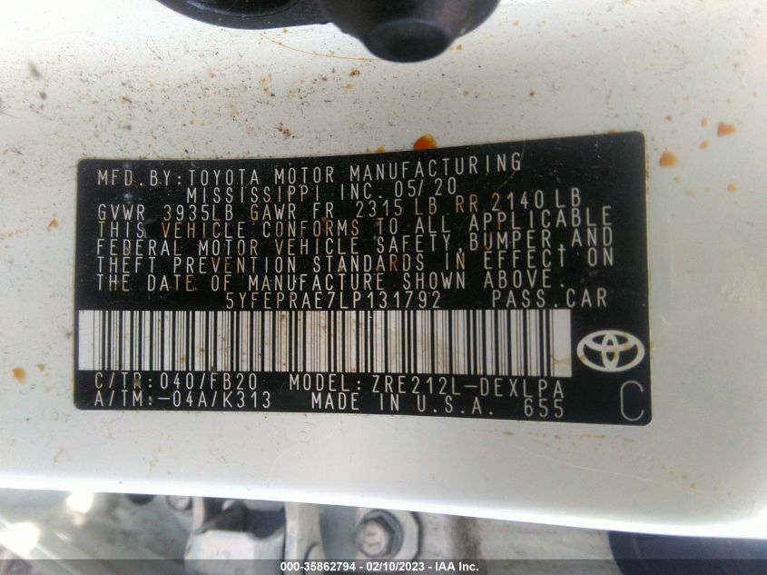 2020 TOYOTA COROLLA LE - 5YFEPRAE7LP131792