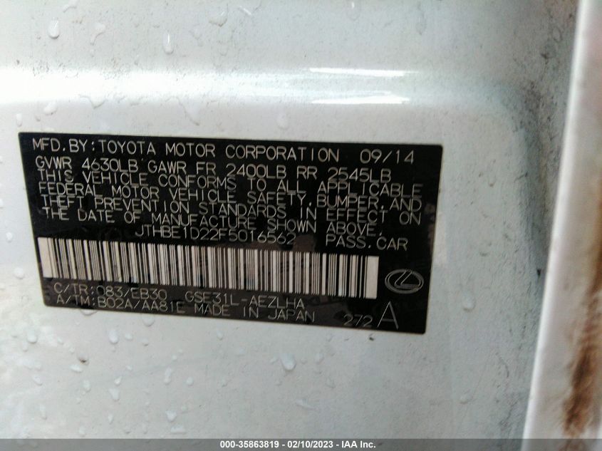 2015 LEXUS IS 350 JTHBE1D22F5016562