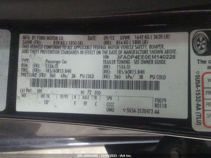 2014 FORD FIESTA SE 3FADP4EE0EM140228