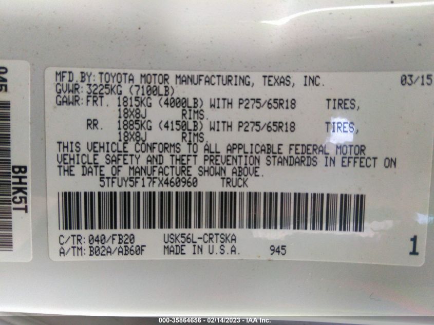 2015 TOYOTA TUNDRA 4WD TRUCK SR/SR5/TRD PRO - 5TFUY5F17FX460960