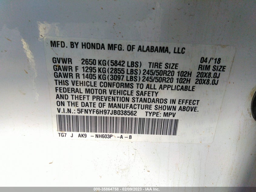 VIN 5FNYF6H97JB038562 2018 HONDA PILOT TOURING