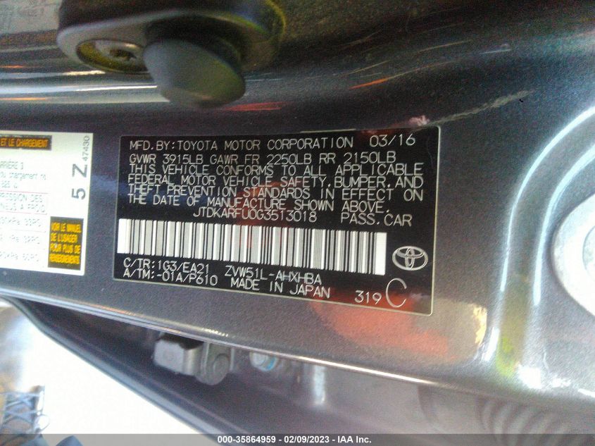 2016 TOYOTA PRIUS FOUR - JTDKARFU0G3513018