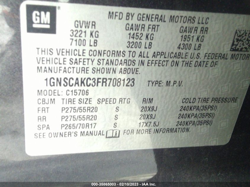2015 CHEVROLET TAHOE LS - 1GNSCAKC3FR708123