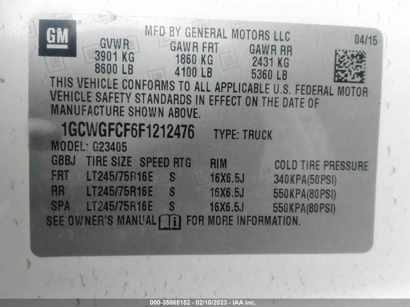 2015 CHEVROLET EXPRESS CARGO VAN - 1GCWGFCF6F1212476