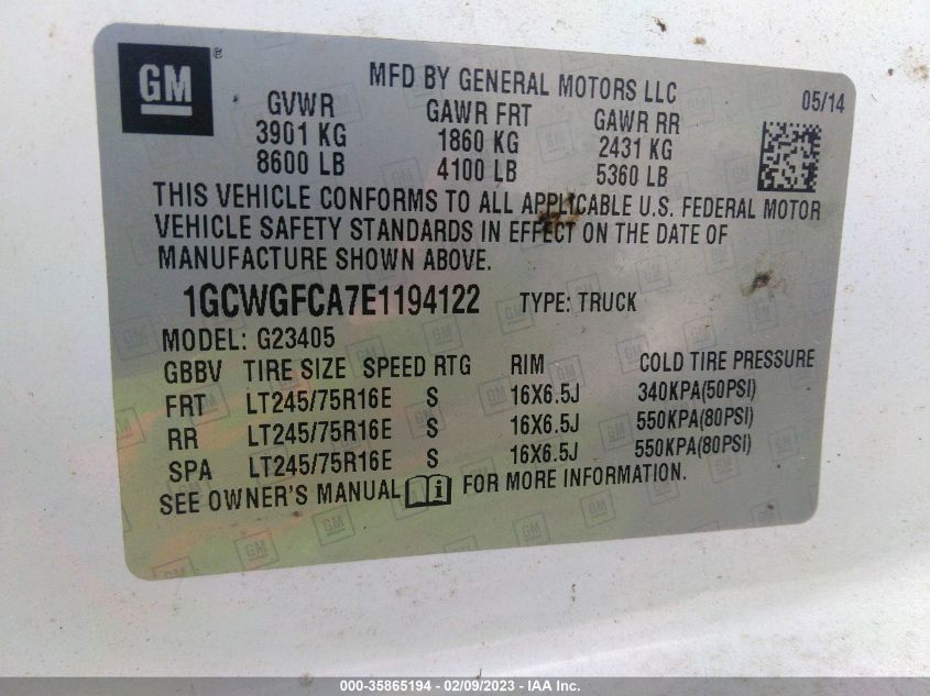 2014 CHEVROLET EXPRESS CARGO VAN - 1GCWGFCA7E1194122