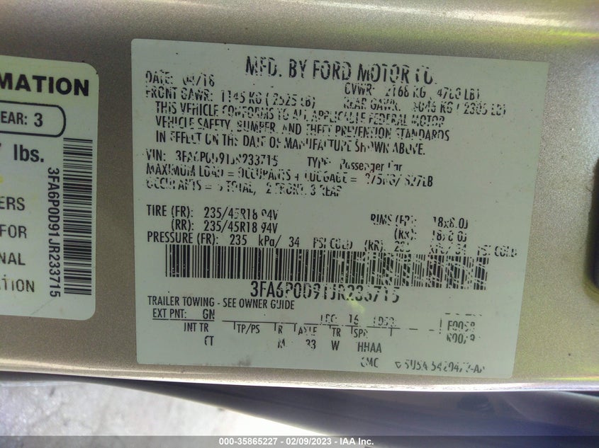 VIN 3FA6P0D91JR233715 2018 FORD FUSION TITANIUM/PLATINUM