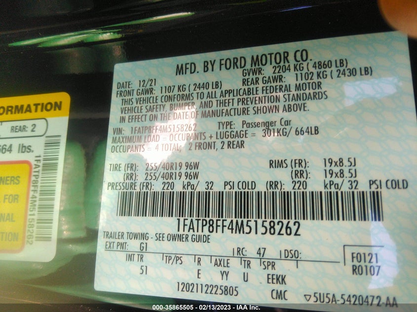 VIN 1FATP8FF4M5158262 2021 FORD MUSTANG GT PREMIUM