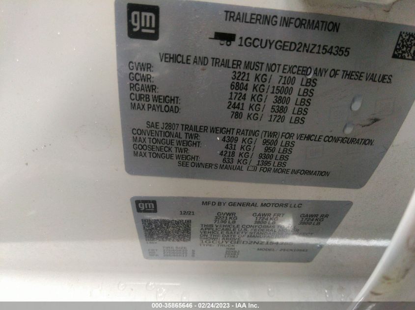 2022 CHEVROLET SILVERADO 1500 LTD LTZ 1GCUYGED2NZ154355