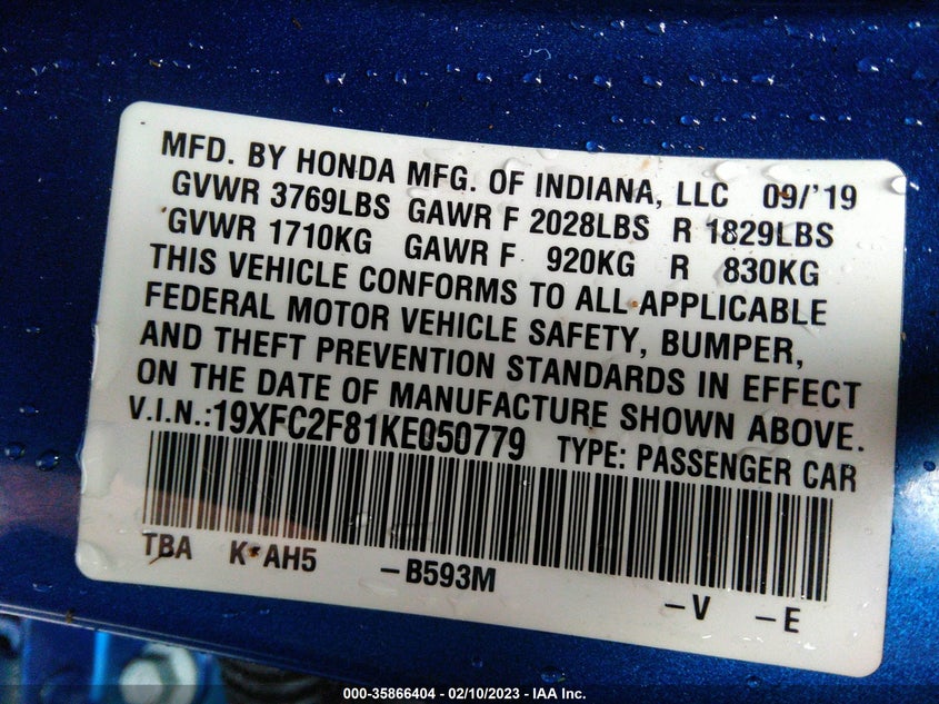 VIN 19XFC2F81KE050779 2019 HONDA CIVIC SEDAN SPORT