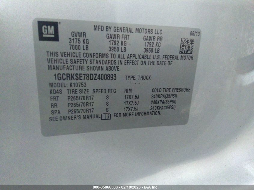 2013 CHEVROLET SILVERADO 1500 LT - 1GCRKSE78DZ400893