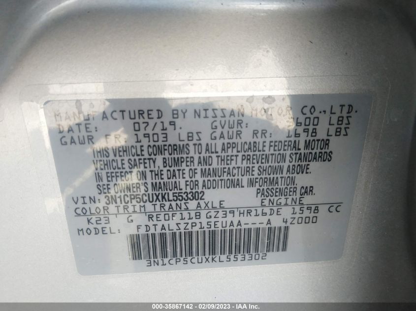 2019 NISSAN KICKS SV - 3N1CP5CUXKL553302