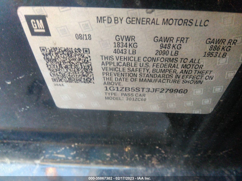 VIN 1G1ZB5ST3JF279960 2018 CHEVROLET MALIBU LS
