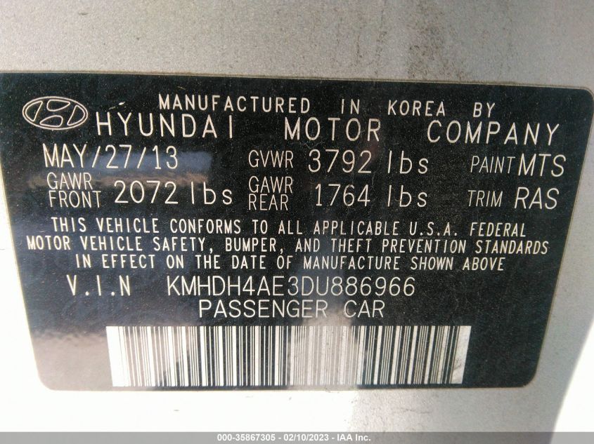 2013 HYUNDAI ELANTRA GLS PZEV - KMHDH4AE3DU886966