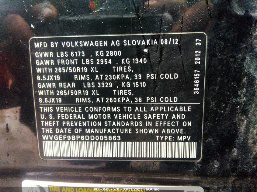 2013 VOLKSWAGEN TOUAREG LUX WVGEF9BP6DD005863