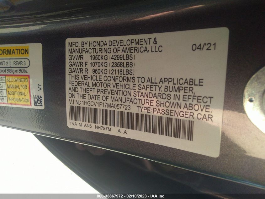 2021 HONDA ACCORD SEDAN LX - 1HGCV1F17MA057723