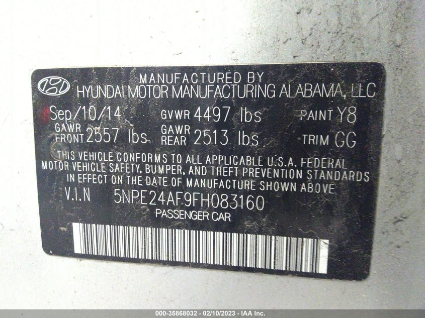 2015 HYUNDAI SONATA 2.4L SE - 5NPE24AF9FH083160