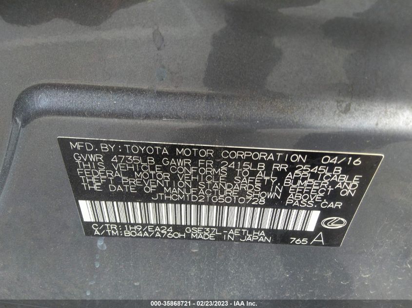 2016 LEXUS IS 300 JTHCM1D21G5010728