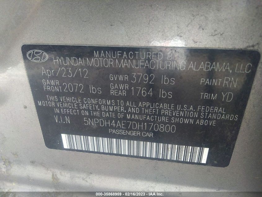 2013 HYUNDAI ELANTRA GLS - 5NPDH4AE7DH170800