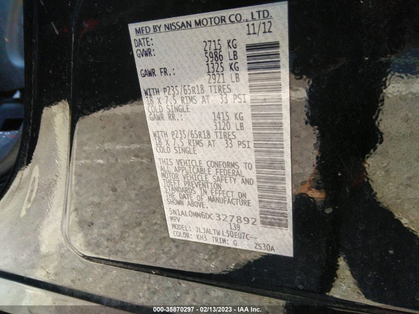 2013 INFINITI JX - 5N1AL0MN6DC327892