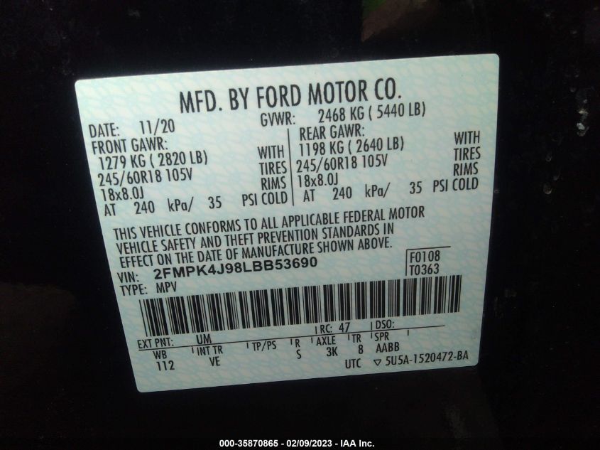 2FMPK4J98LBB53690 2020 FORD EDGE, photo no. 9