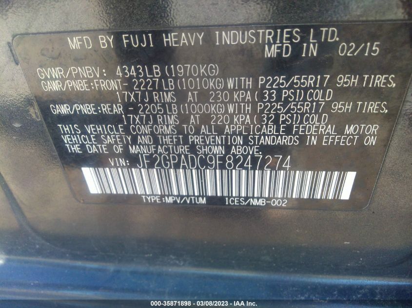 2015 SUBARU XV CROSSTREK PREMIUM - JF2GPADC9F8247274