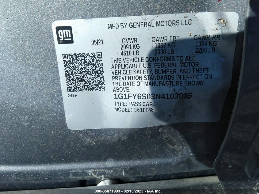 2022 CHEVROLET BOLT EUV LT 1G1FY6S03N4103036