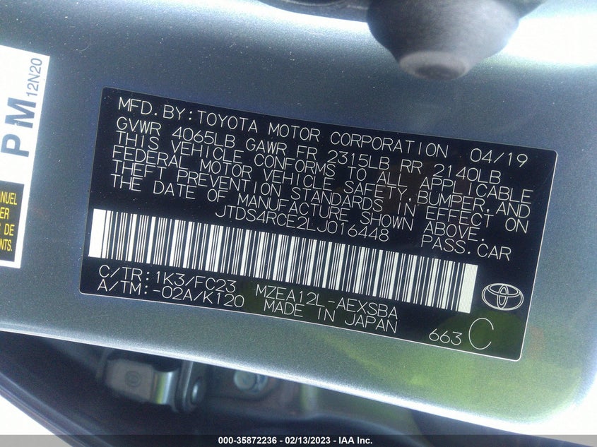 VIN JTDS4RCE2LJ016448 2020 TOYOTA COROLLA SE/NIGHTSHADE