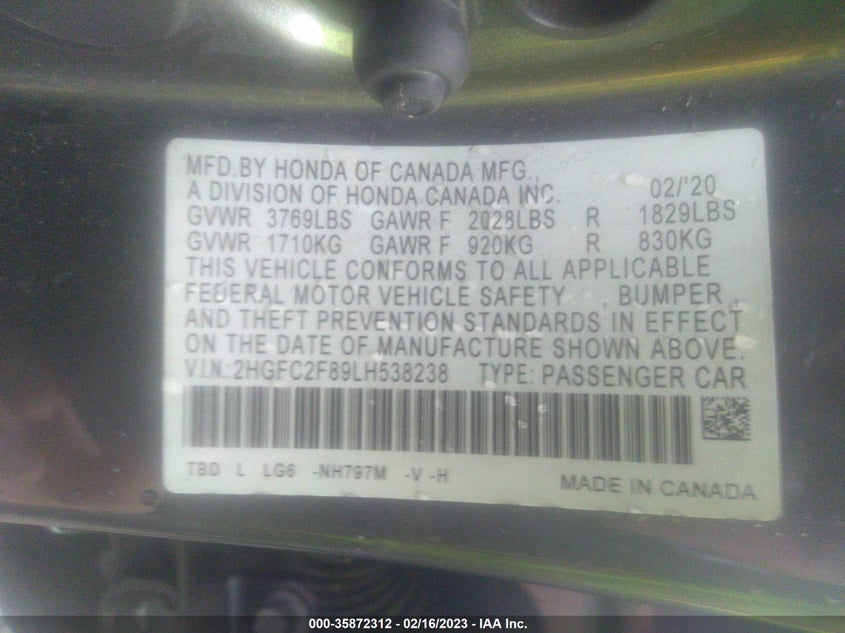 VIN 2HGFC2F89LH538238 2020 HONDA CIVIC SEDAN SPORT