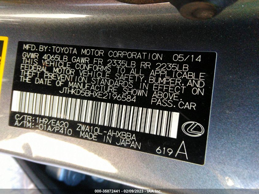 2014 LEXUS CT 200H HYBRID - JTHKD5BHXE2196584