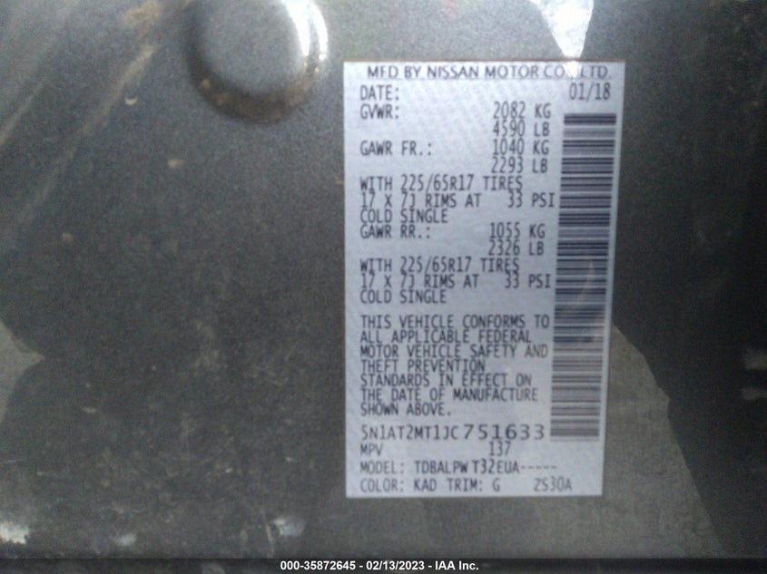 VIN 5N1AT2MT1JC751633 2018 NISSAN ROGUE S