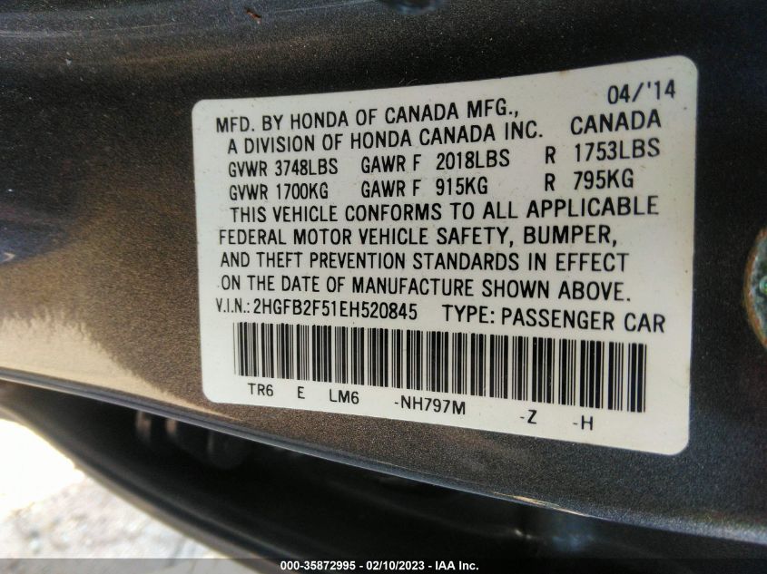 2014 HONDA CIVIC LX - 2HGFB2F51EH520845