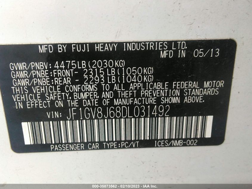 2013 SUBARU IMPREZA SEDAN WRX WRX STI JF1GV8J68DL031492