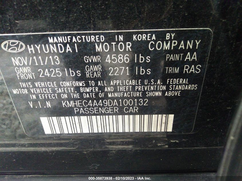 2013 HYUNDAI SONATA HYBRID LIMITED - KMHEC4A49DA100132