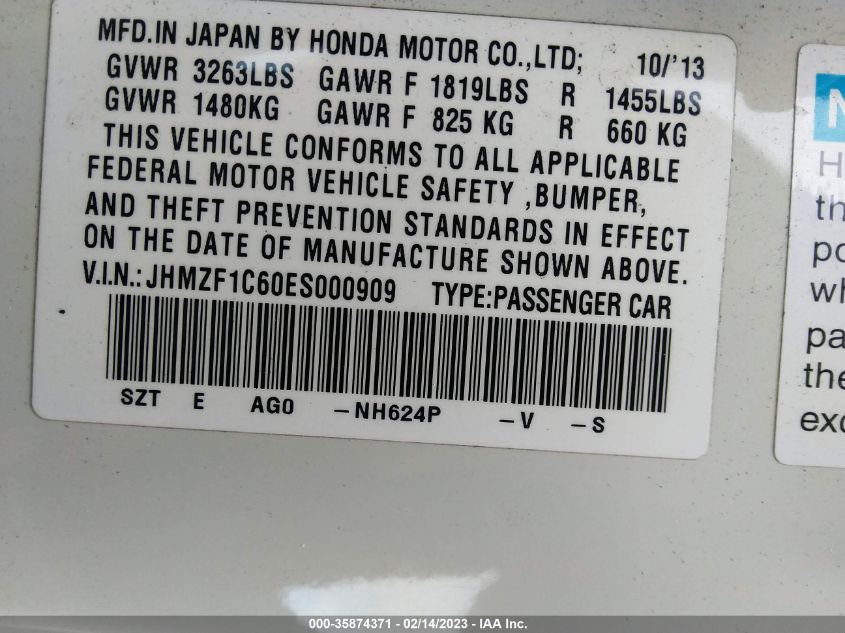 2014 HONDA CR-Z EX JHMZF1C60ES000909