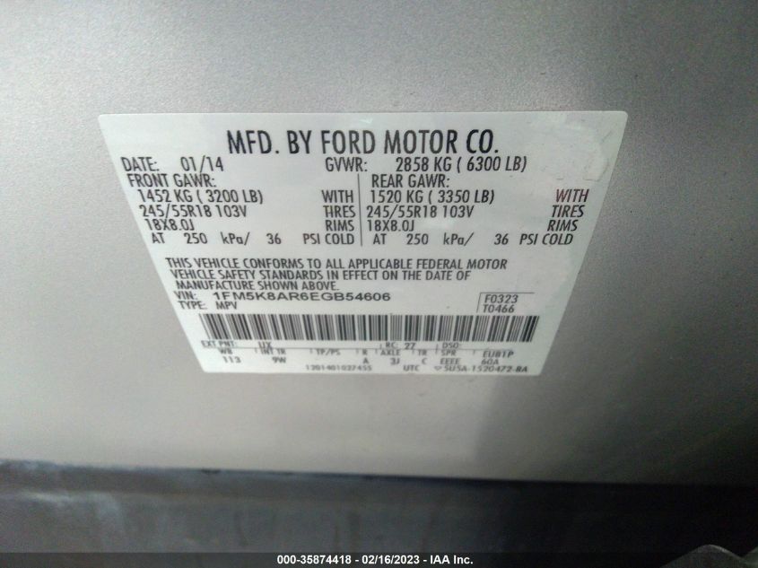 2014 FORD UTILITY POLICE 1FM5K8AR6EGB54606