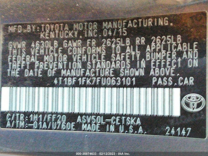 2015 TOYOTA CAMRY XLE/SE/LE/XSE - 4T1BF1FK7FU063101