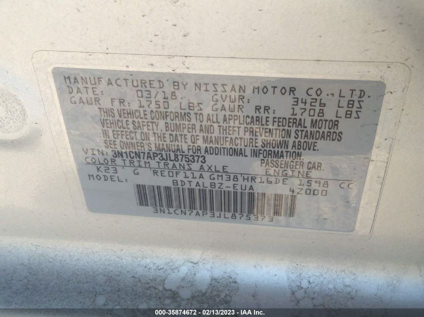 2018 NISSAN VERSA SEDAN SV 3N1CN7AP3JL875373