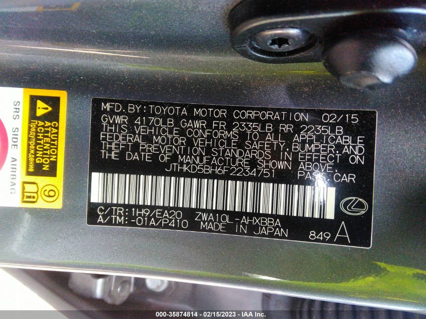 2015 LEXUS CT 200H HYBRID - JTHKD5BH6F2234751