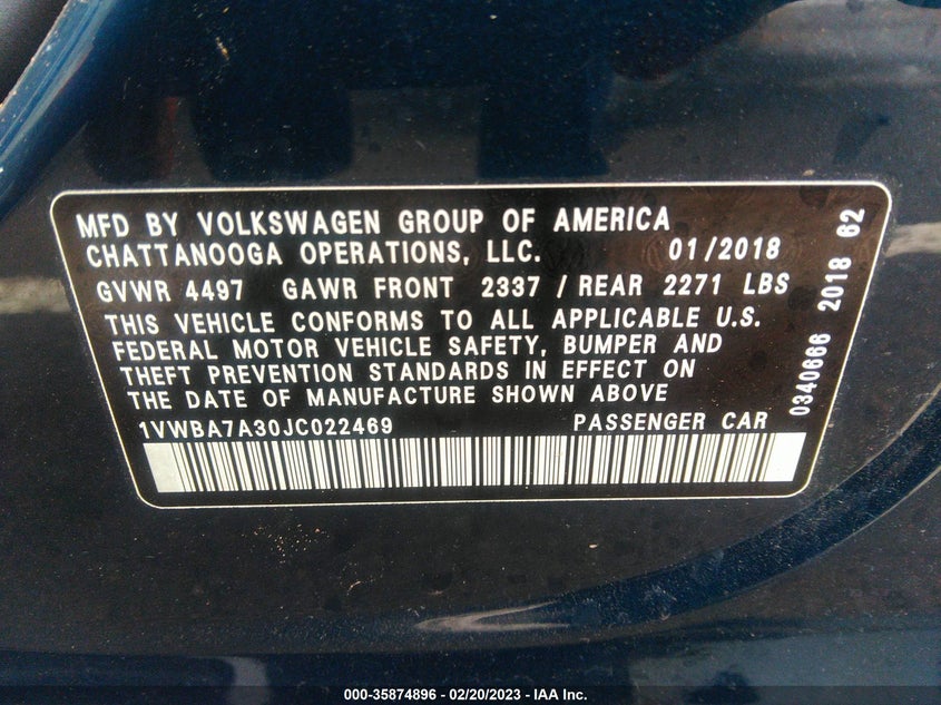 VIN 1VWBA7A30JC022469 2018 VOLKSWAGEN PASSAT 2.0T SE