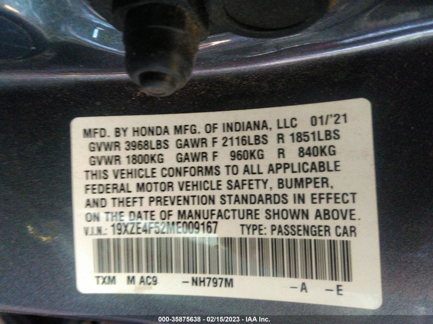 2021 HONDA INSIGHT EX 19XZE4F52ME009167