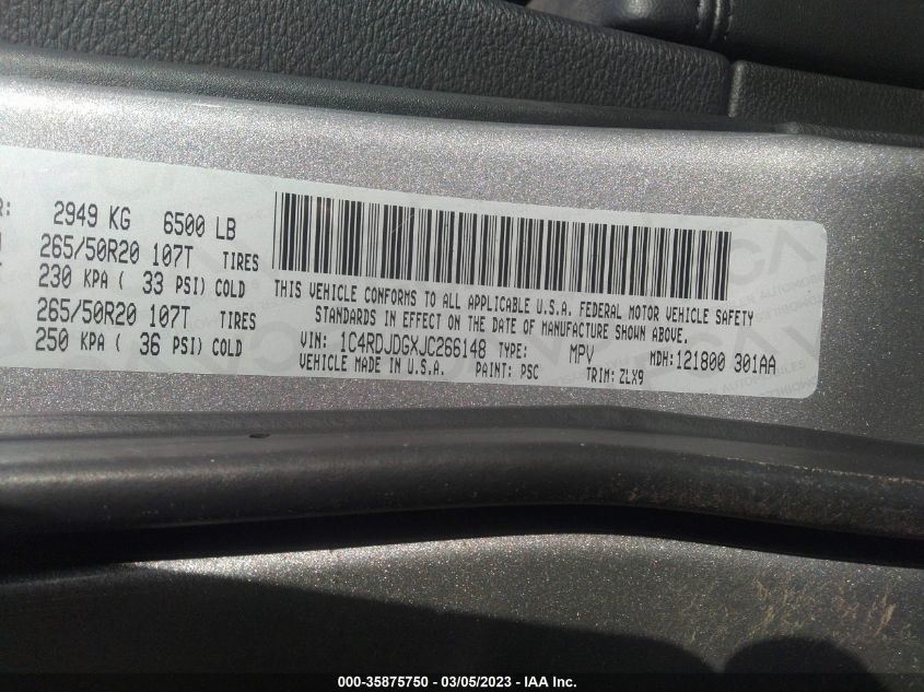 2018 DODGE DURANGO GT 1C4RDJDGXJC266148