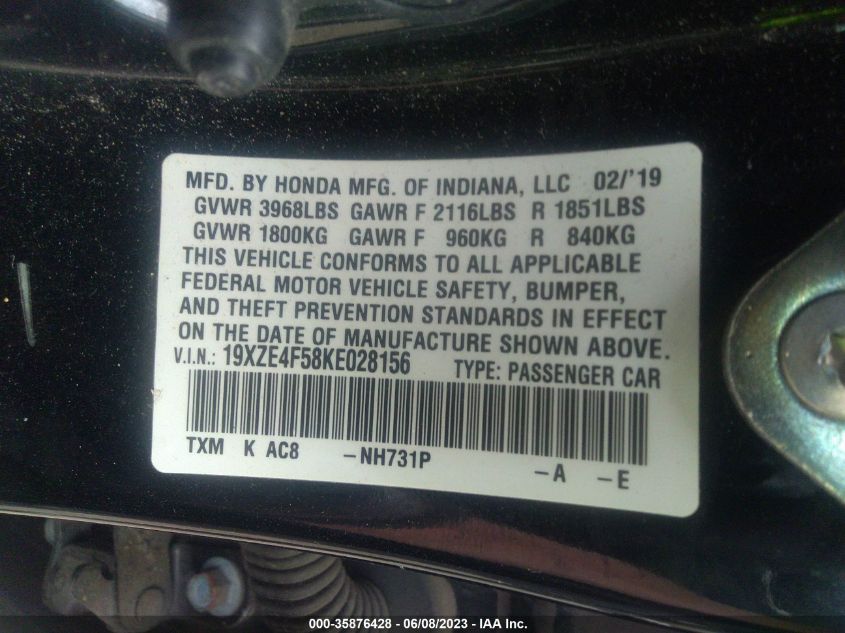 2019 HONDA INSIGHT EX 19XZE4F58KE028156