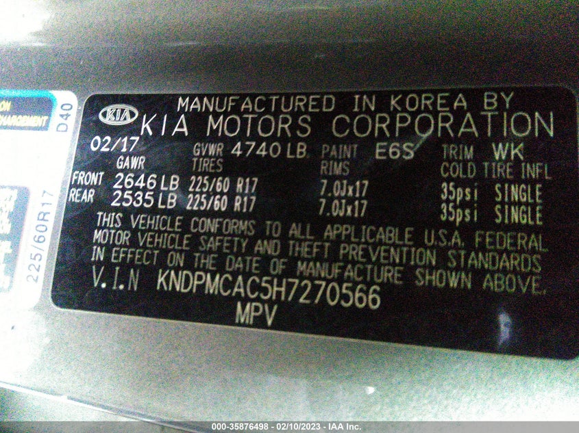 VIN KNDPMCAC5H7270566 2017 KIA SPORTAGE LX