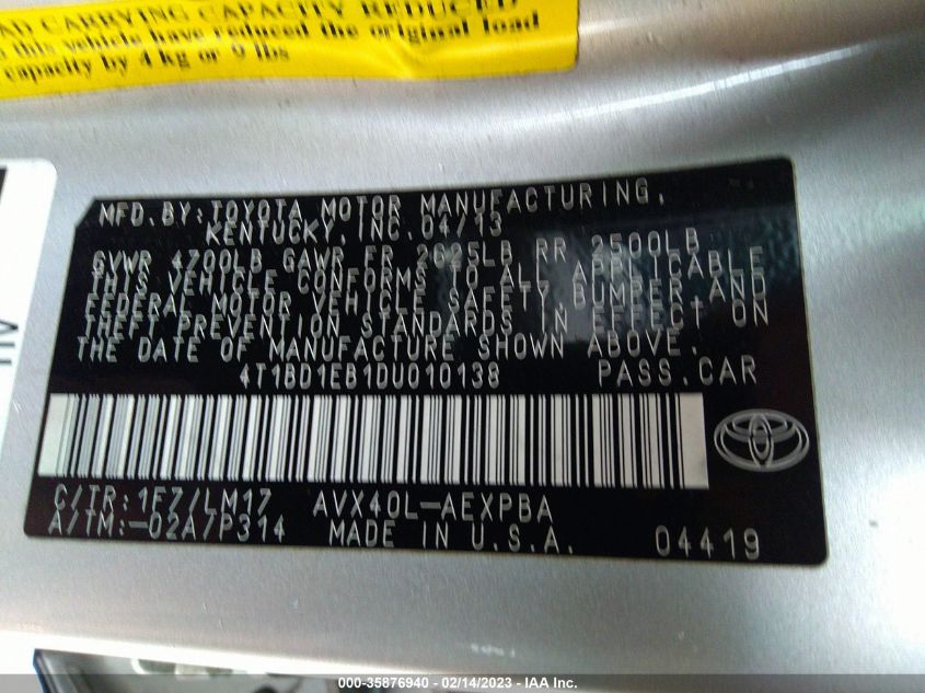2013 TOYOTA AVALON HYBRID XLE PREMIUM 4T1BD1EB1DU010138